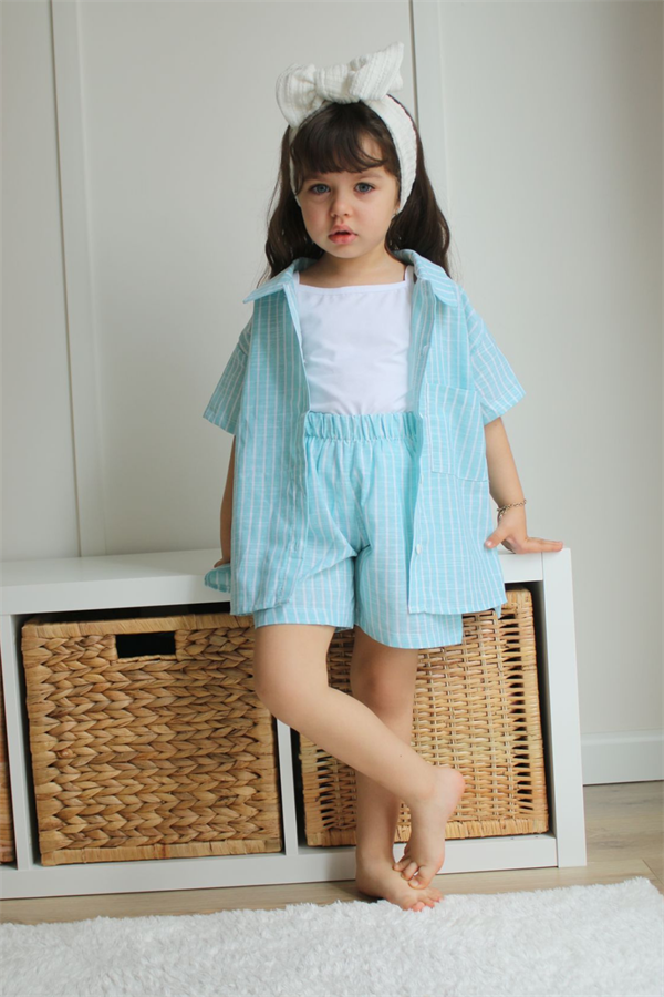 3 Parça Keten Mavi Şortlu Takım