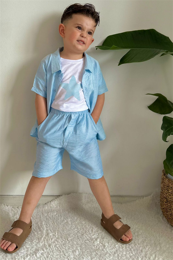 3 Parça Mavi Gömlekli Şortlu Takım