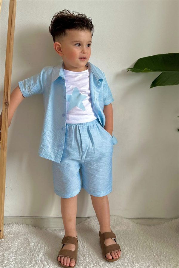 3 Parça Mavi Gömlekli Şortlu Takım