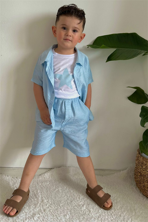 3 Parça Mavi Gömlekli Şortlu Takım