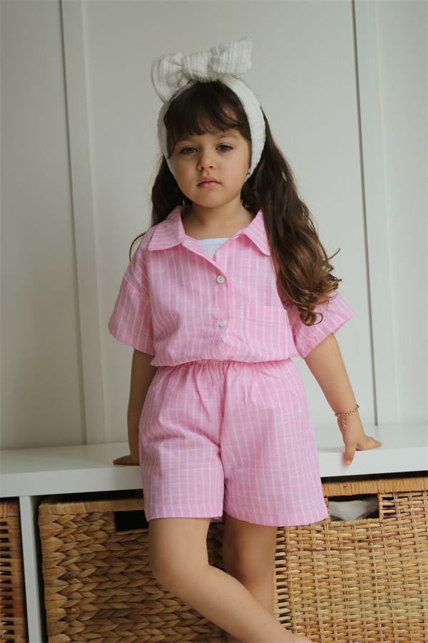 3 Parça Keten Pembe Şortlu Takım