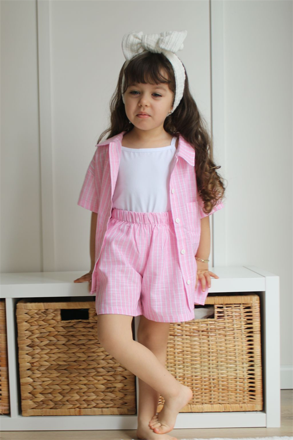 3 Parça Keten Pembe Şortlu Takım