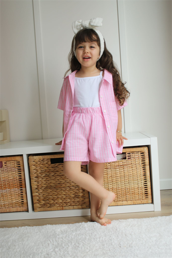 3 Parça Keten Pembe Şortlu Takım