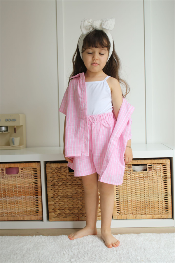 3 Parça Keten Pembe Şortlu Takım