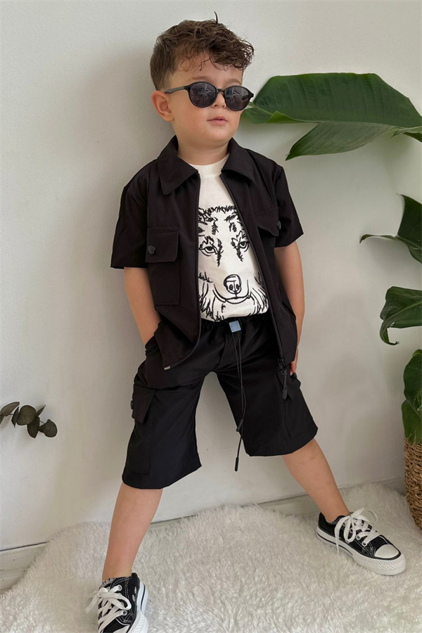 3 Parça Şortlu Paraşüt Siyah-Takım