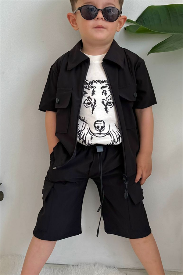 3 Parça Şortlu Paraşüt Siyah-Takım