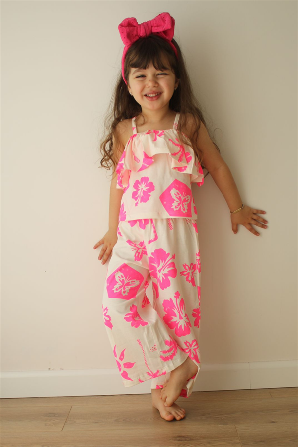 Askılı Çiçekli Pembe Pantolon Takım