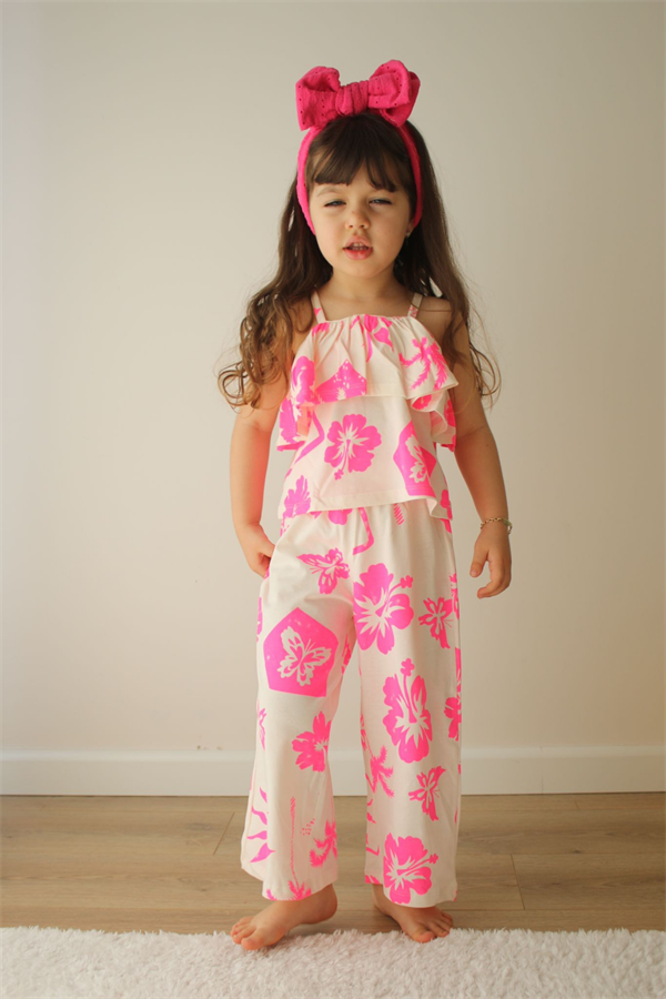 Askılı Çiçekli Pembe Pantolon Takım