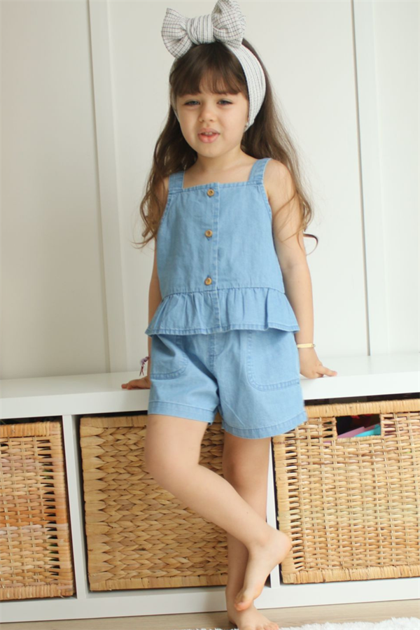 Askılı Denim Şortlu Takım
