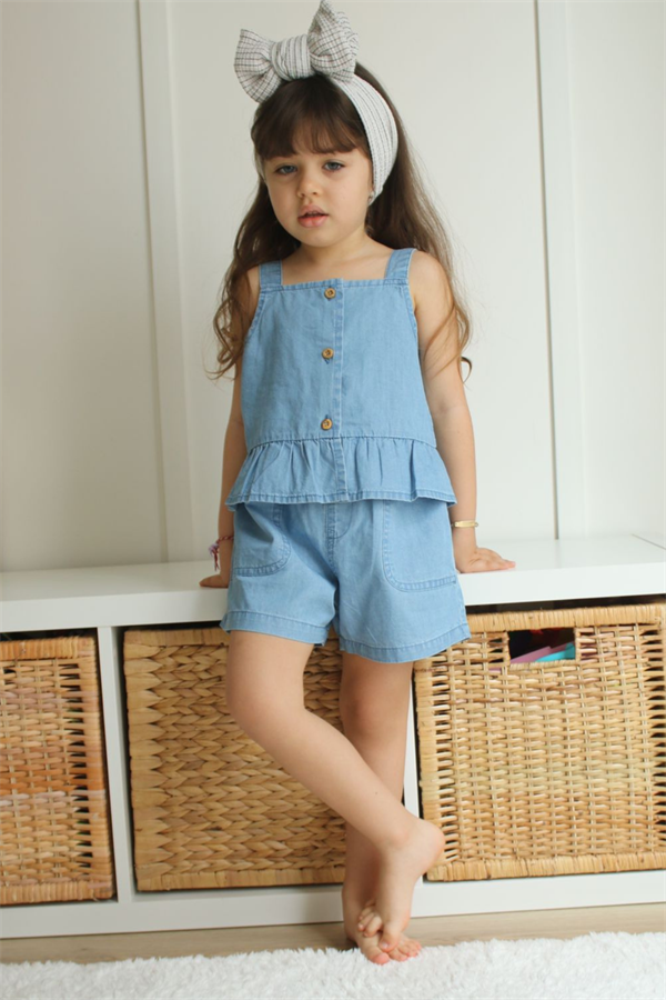 Askılı Denim Şortlu Takım