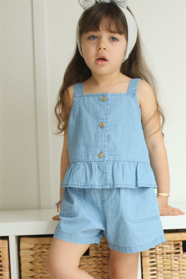 Askılı Denim Şortlu Takım