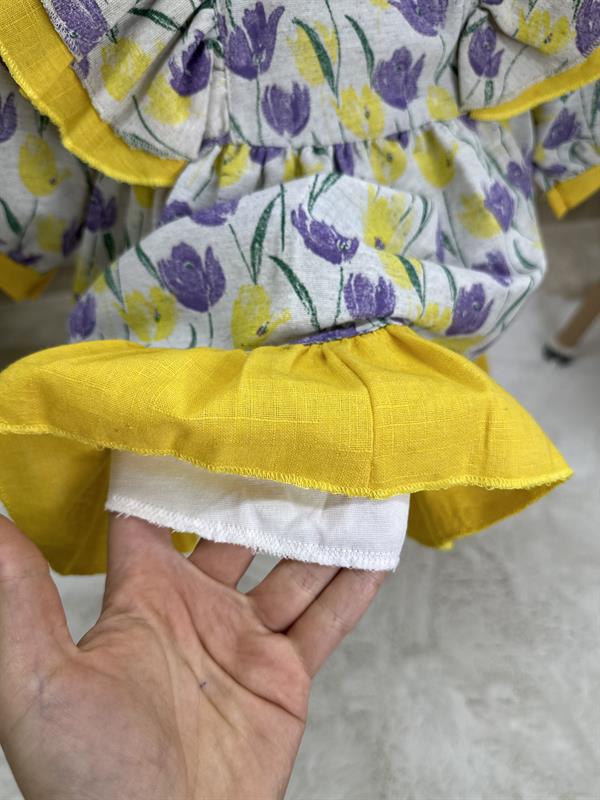 Astarlı Lale Desenli Lila Sarı Elbise