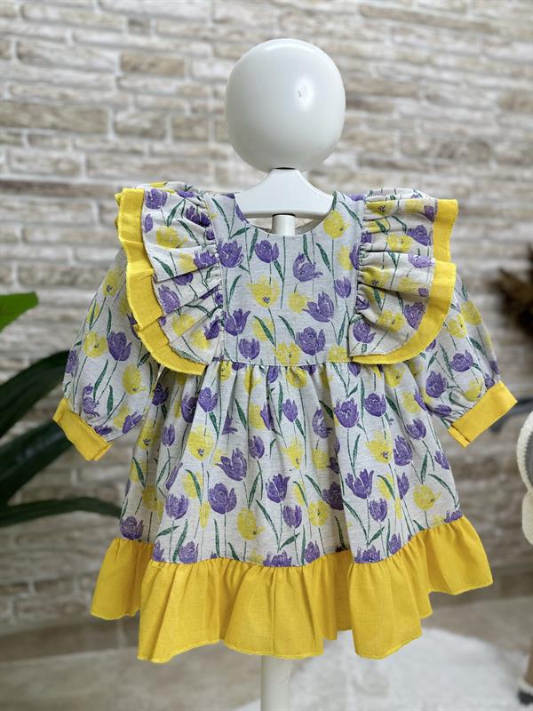 Astarlı Lale Desenli Lila Sarı Elbise