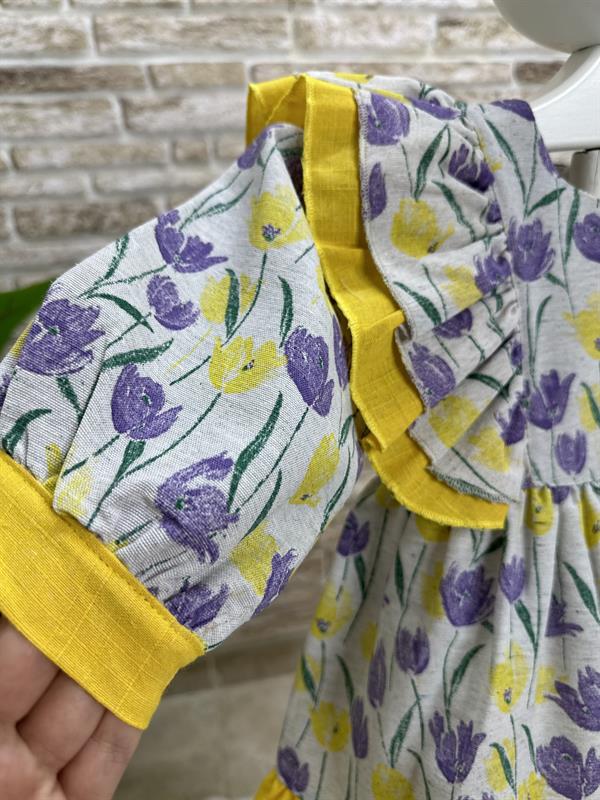 Astarlı Lale Desenli Lila Sarı Elbise