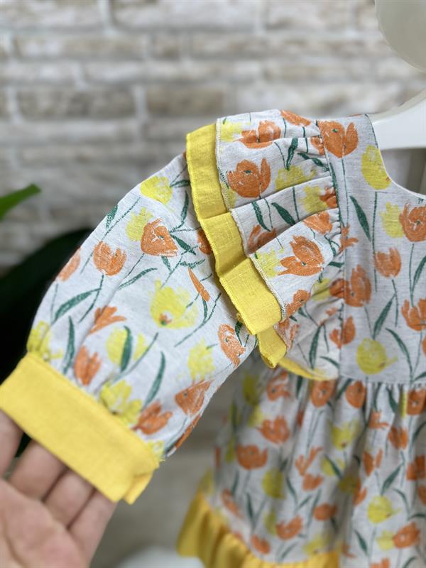 Astarlı Lale Desenli Oranj Sarı Elbise