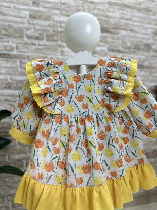 Astarlı Lale Desenli Oranj Sarı Elbise