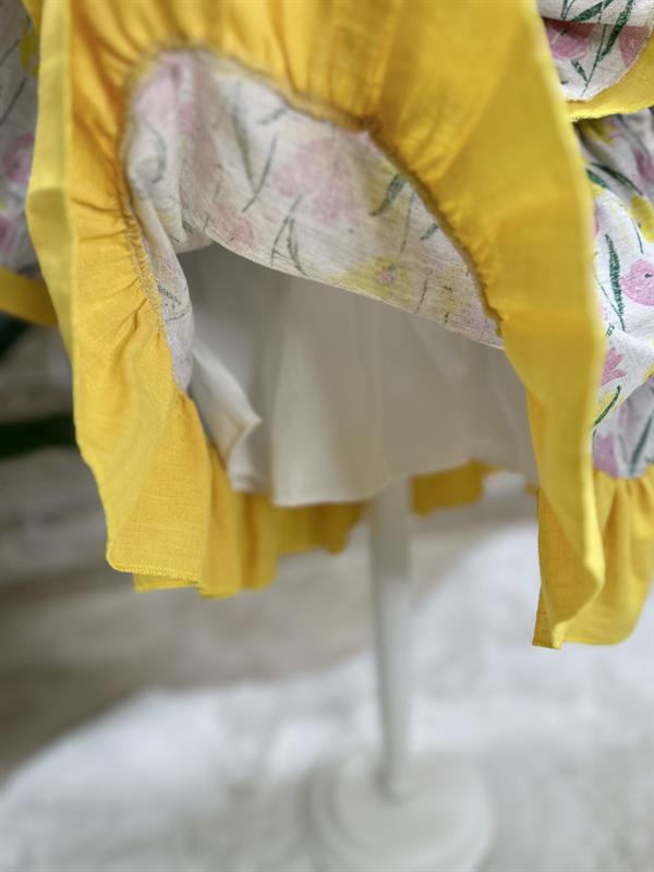 Astarlı Lale Desenli Pembe Sarı Elbise