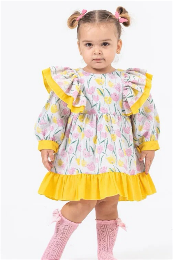 Astarlı Lale Desenli Pembe Sarı Elbise