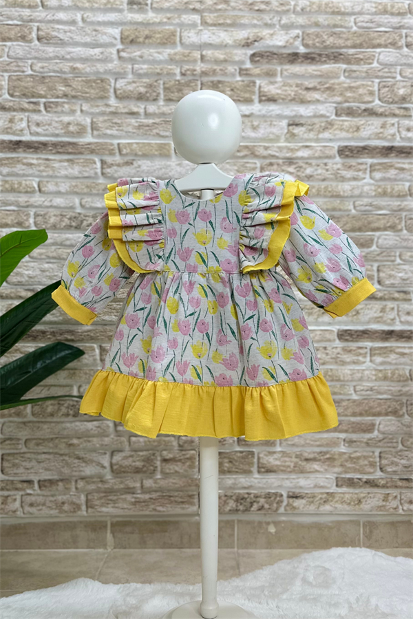 Astarlı Lale Desenli Pembe Sarı Elbise