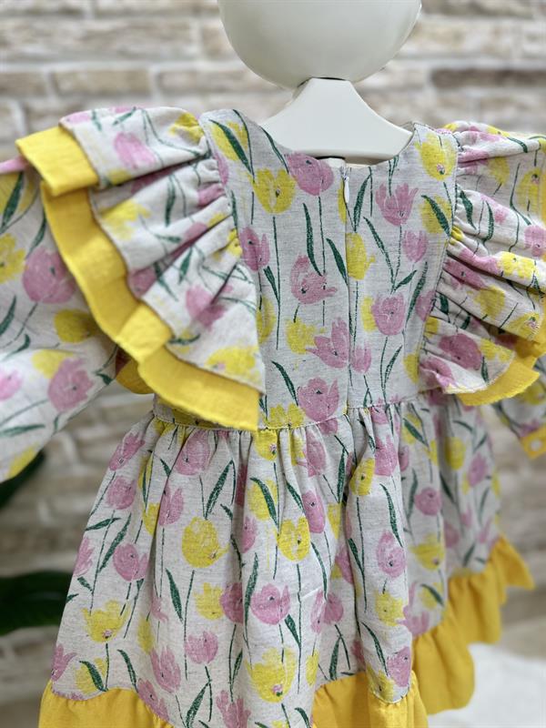 Astarlı Lale Desenli Pembe Sarı Elbise