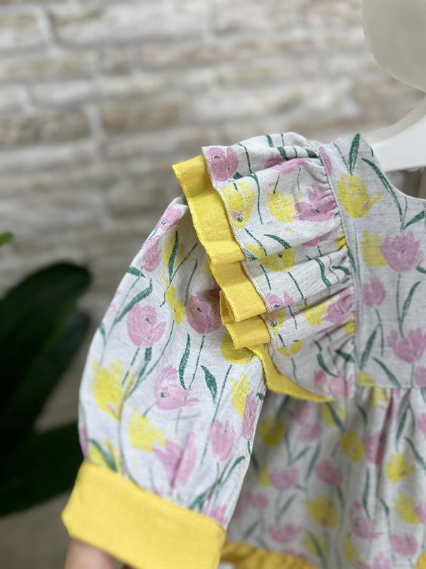 Astarlı Lale Desenli Pembe Sarı Elbise