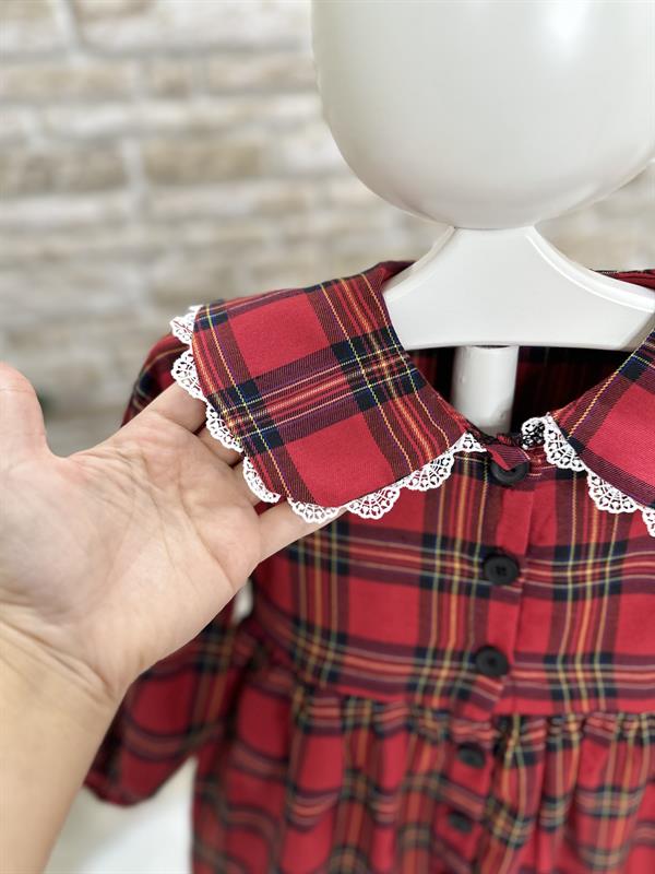Bebe Yakalı Kırmızı Pötikare Elbise