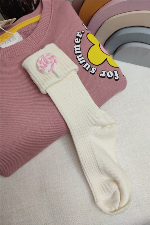 Bej Lolipop Figürlü Çorap