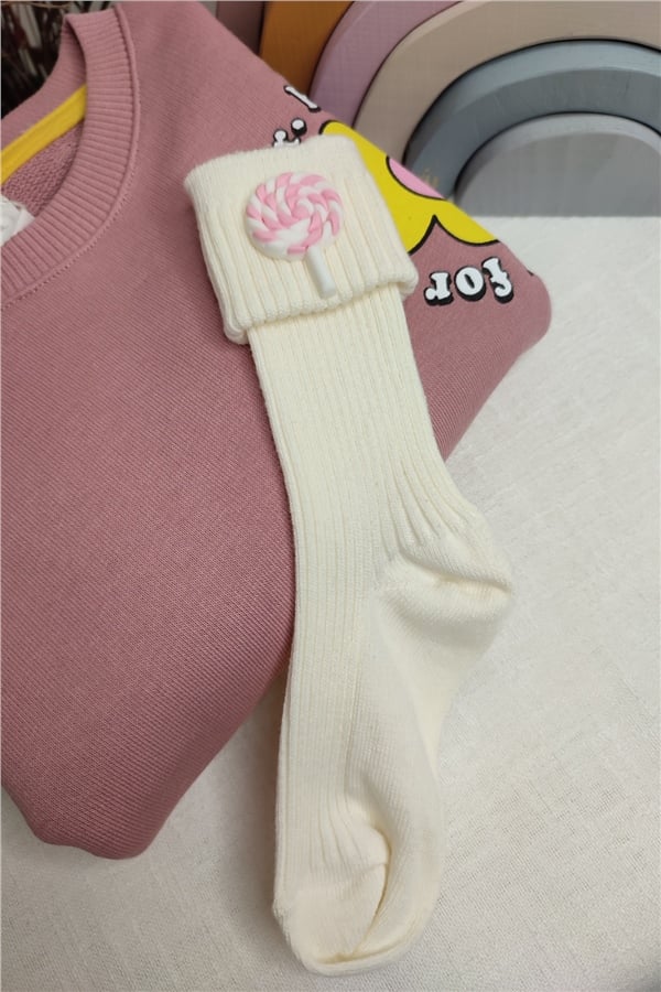Bej Lolipop Figürlü Çorap