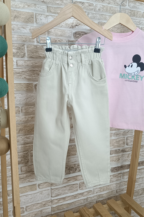 Beli Lastikli Krem Jean Pantolon