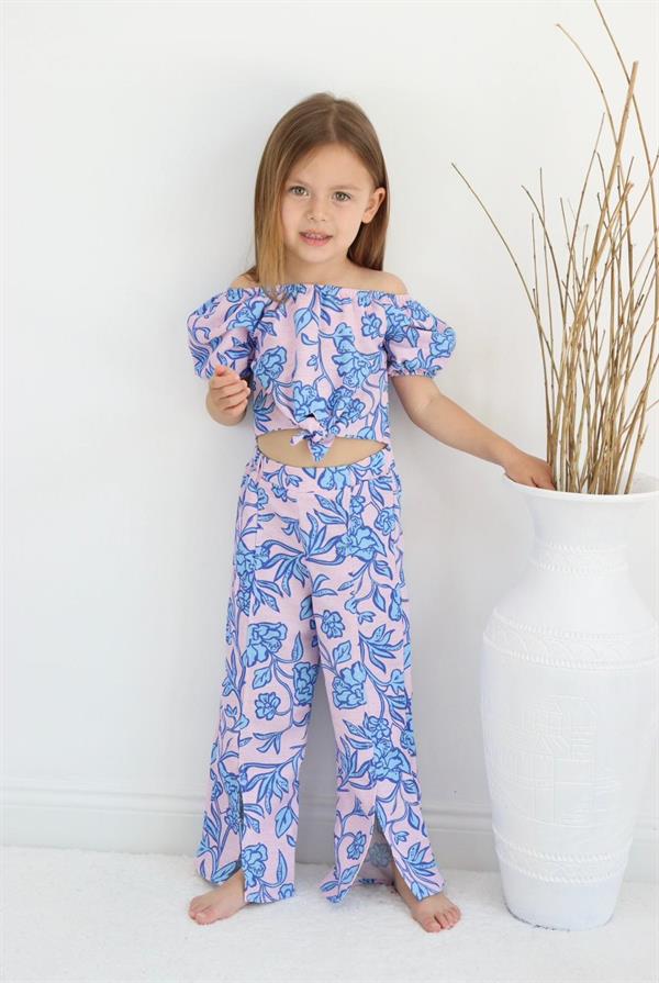 Çicek Desenli Lila Bluzu Bağlamalı İkili Takım