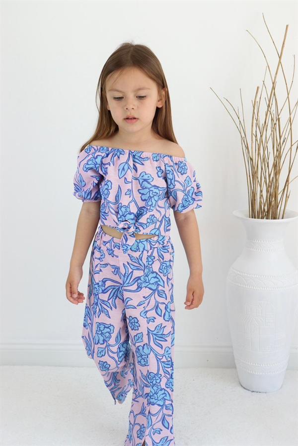 Çicek Desenli Lila Bluzu Bağlamalı İkili Takım