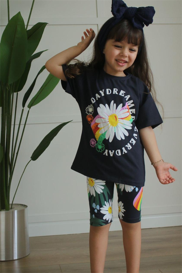 Çiçekli Antrasit Biker Tayt Takım