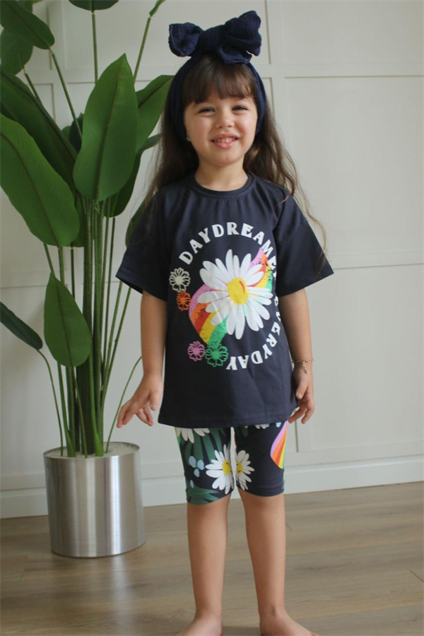 Çiçekli Antrasit Biker Tayt Takım