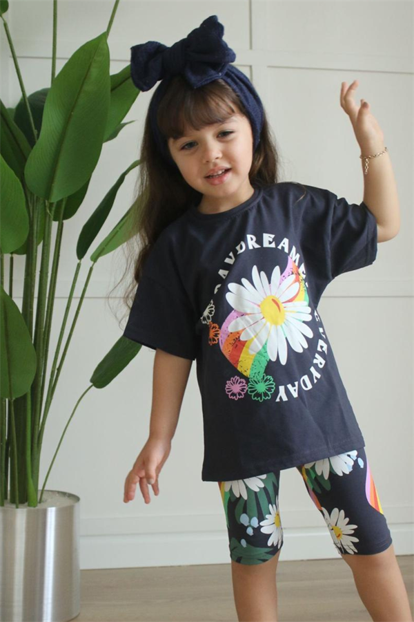 Çiçekli Antrasit Biker Tayt Takım