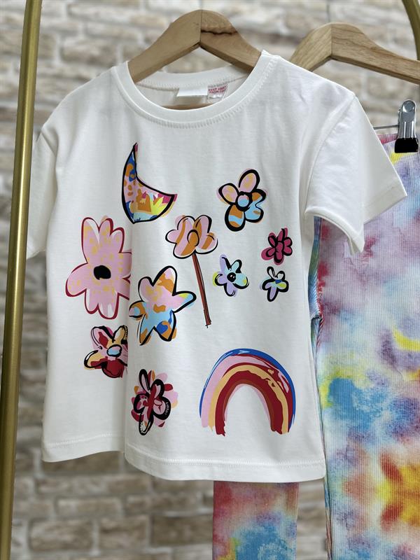 Kız Çocuk Çiçekli Gökkuşağı Fitilli Tayt Takım