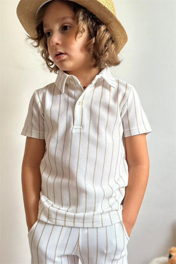 Çizgili Gömlek Yaka Bej Şort Takım