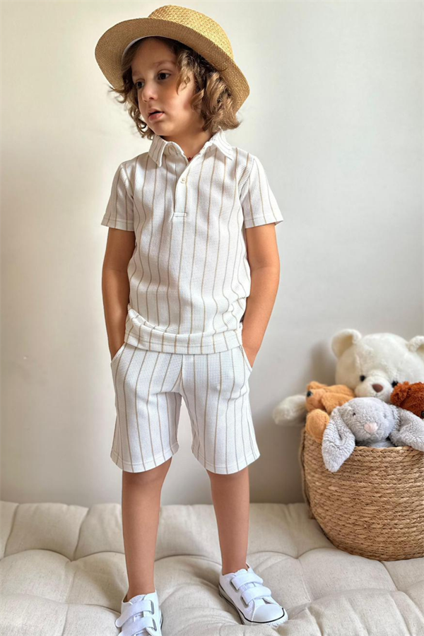 Çizgili Gömlek Yaka Bej Şort Takım
