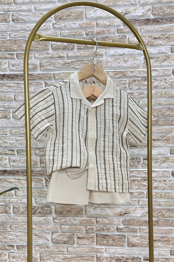 Çizgili Gömlekli Denim Şortlu Takım