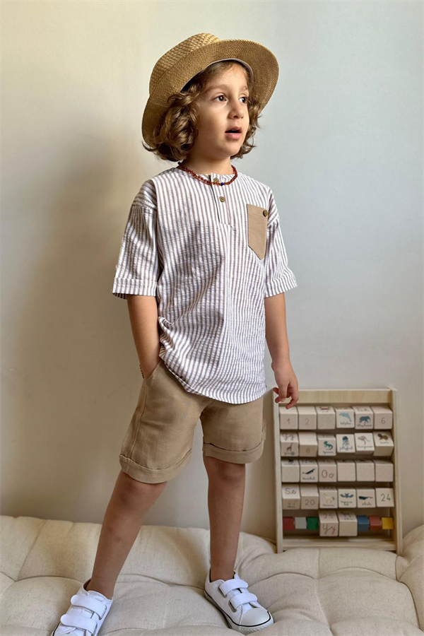 Çizgili Kahve Şortlu Takım