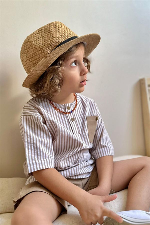 Çizgili Kahve Şortlu Takım