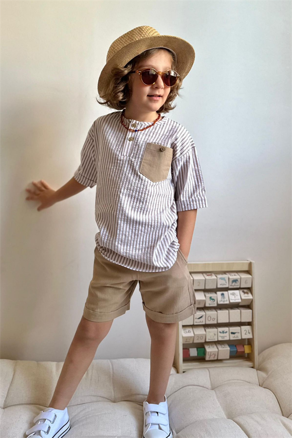 Çizgili Kahve Şortlu Takım