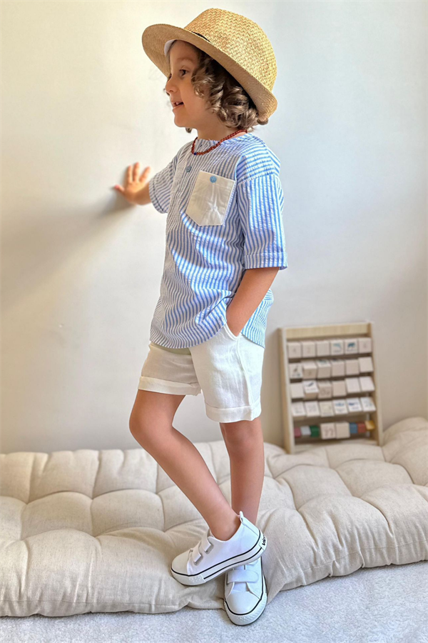 Çizgili Mavi Beyaz Şortlu Takım