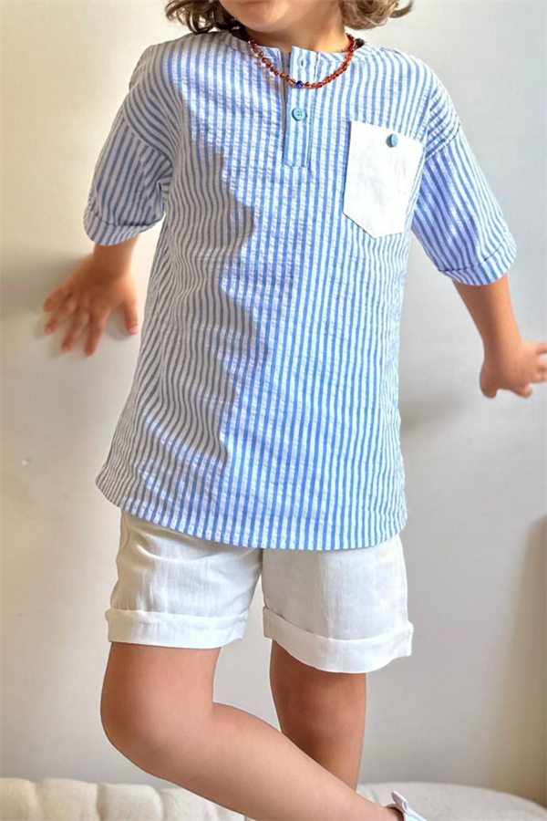 Çizgili Mavi Beyaz Şortlu Takım