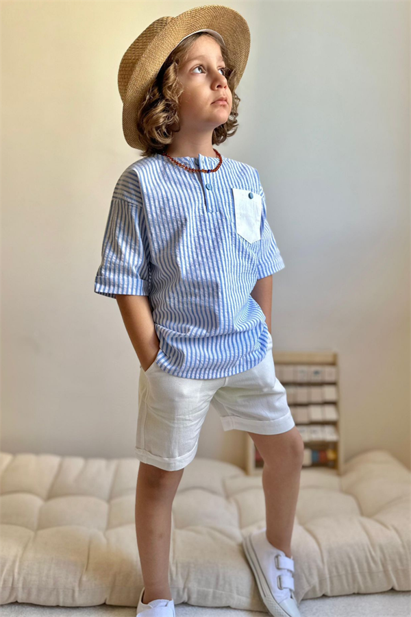Çizgili Mavi Beyaz Şortlu Takım