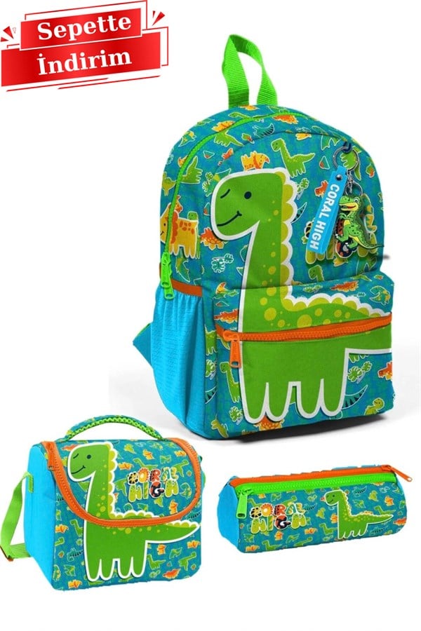 Coral High 3lü Minik Yuva Sırt Çantası Mavi Yeşil Dinozor Desenli İki Bölmeli 