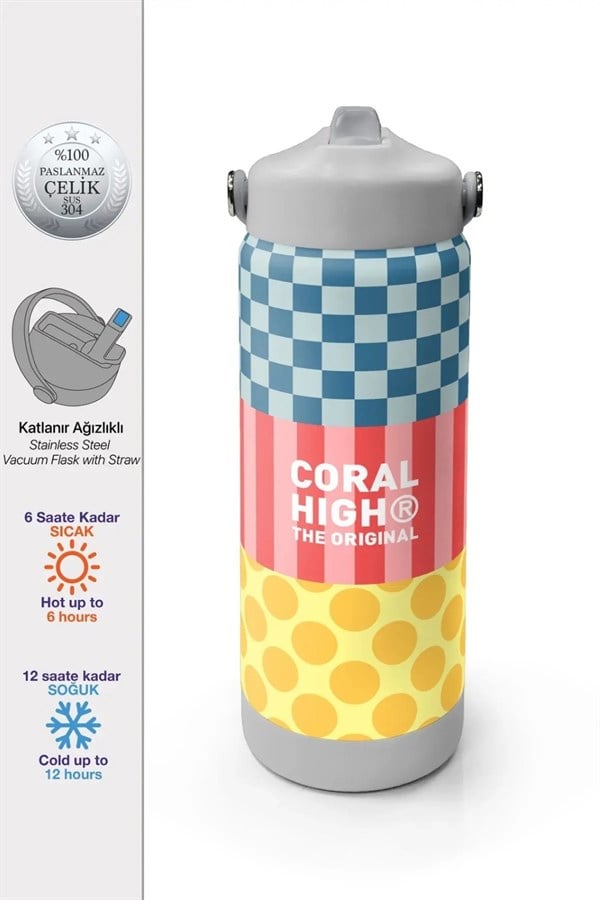 Coral High Çok Renkli Dama Çizgi Puantiye Desenli Katlanır Ağızlıklı Çelik Termos 650 ml 38304