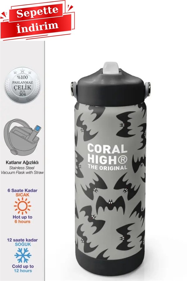 Coral High Gri Siyah Yarasa Desenli Katlanır Ağızlıklı Çelik Termos 650 ml 38326 Adet