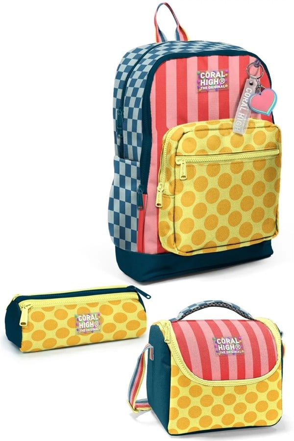 Coral High Kids Çok Renkli Dama Çizgi Puantiye Desenli 3lü Okul Çanta Seti SET0133204