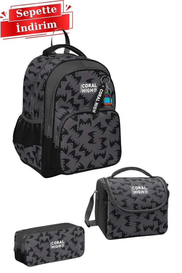 Coral High Kids Gri Siyah Yarasa Desenli 3lü Okul Çanta Seti SET0133244 Adet