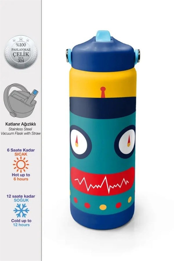 Coral High Kids Lacivert Çivit Robot Desenli Pipetli ve Direkt İçim Çelik Termos 500 ml 31918